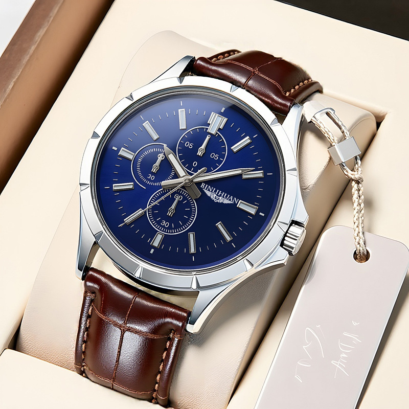 Leather Watch Band Men - Men Chronograph Quartz Watch, Blue Dial