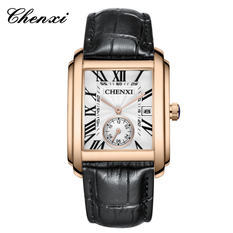 Leather Watch Band Men - CHENXI 8216 Fashion Classic Square Brown